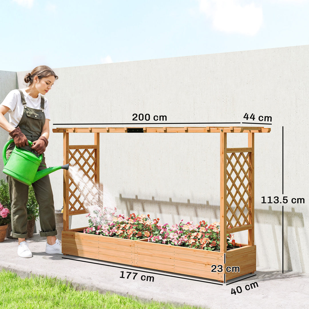 Raised Planter with Trellis, Wooden Raised Bed for Garden with Hanging Roof and Drainage Holes, Outdoor Planter Box