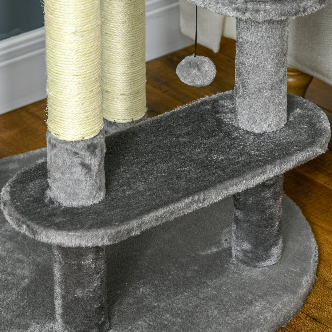 PawHut Modern Cat Tree for Indoor Cats, 136cm Tower with Scratching Posts, Bed, Toy Ball, Grey