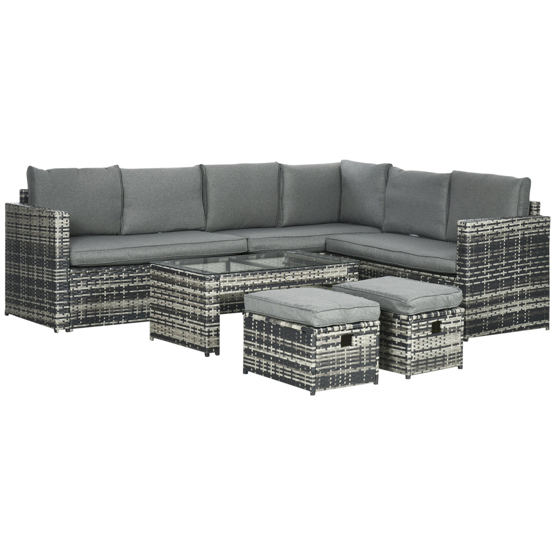6 Piece Rattan Garden Furniture Set, 8-Seater Outdoor Sofa Sectional with 3 Cushioned Loveseat 2 Footstools Table Grey