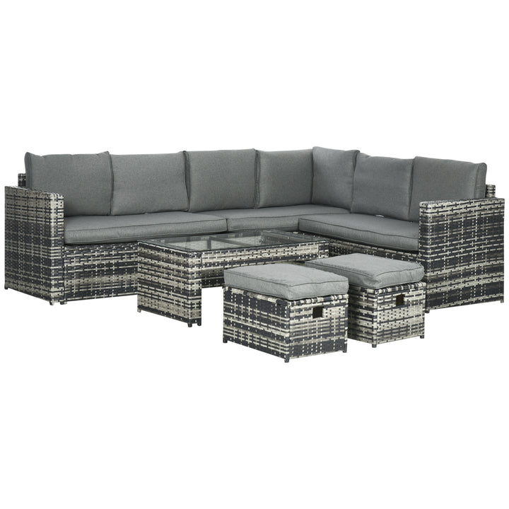 6 Piece Rattan Garden Furniture Set, 8-Seater Outdoor Sofa Sectional with 3 Cushioned Loveseat 2 Footstools Table Grey
