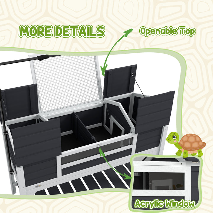 Wooden Tortoise Enclosure w/ Adjustable Lamp Holder, Openable Lid, Dual Main Houses, Storage Shelf, Fixed Tray - Grey