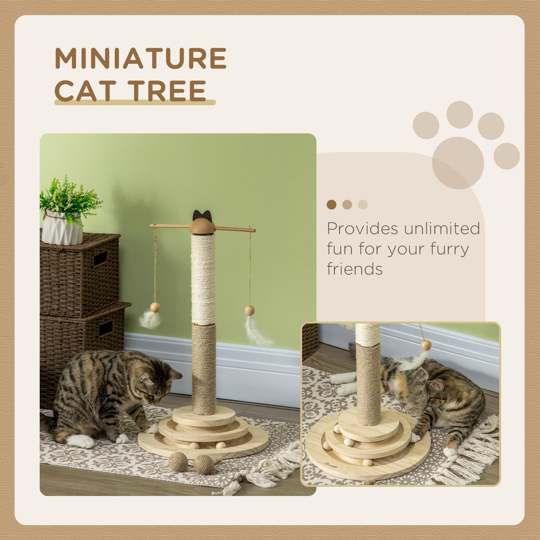 Cat Tree, with Scratching Post, Turntable Toy Ball - Natural Finish