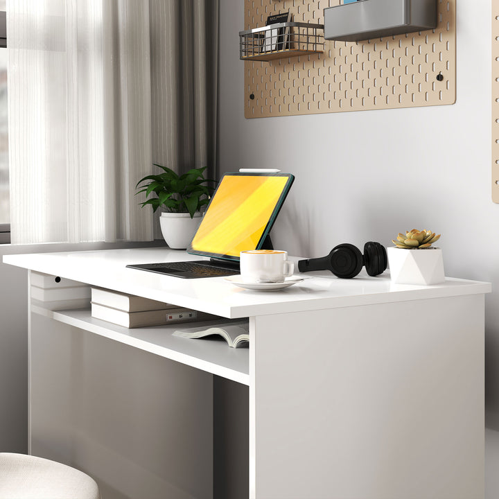 90 x 50cm Computer Table, Modern Home Office Desk, Small Writing Desk with Storage Shelf, High Gloss White