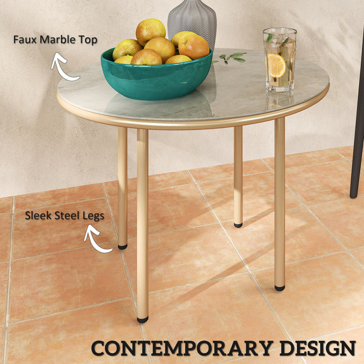 Round Coffee Table, Modern End Side Table with Faux Marble Tempered Glass Top, Steel Frame for Living Room, Bedroom, Office, Beige