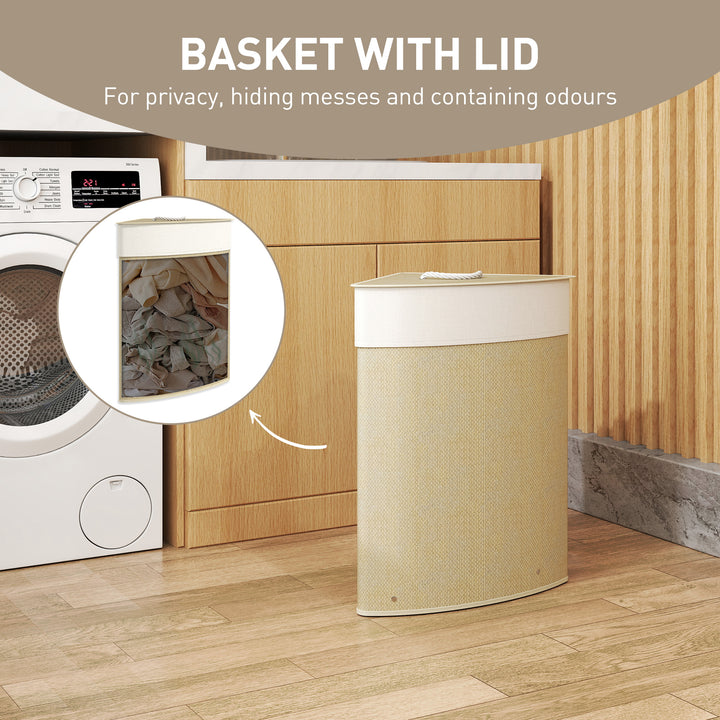 Bamboo Laundry Basket with Lid, 55L Corner Laundry Hamper with Removable Washable Liner Bag, Bathroom Triangle Washing Basket, 35 x 35 x 60 cm, Nature Wood Finish