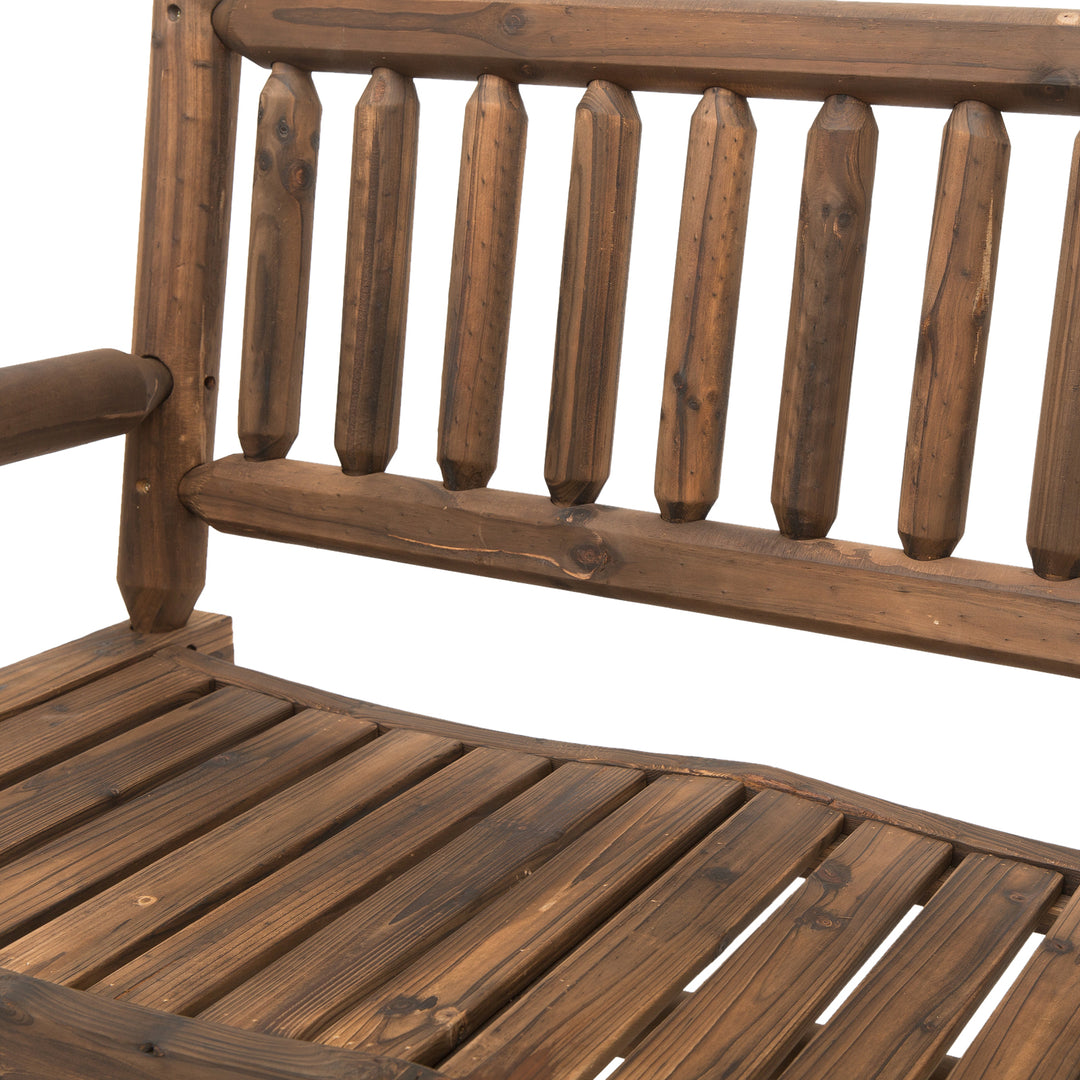 Garden 2-Seater Rocking Bench Wood Frame Rough-Cut Log Loveseat Slatted High Back Rustic Style with Armrests Garden Outdoor Furniture - Dark Stain Brown