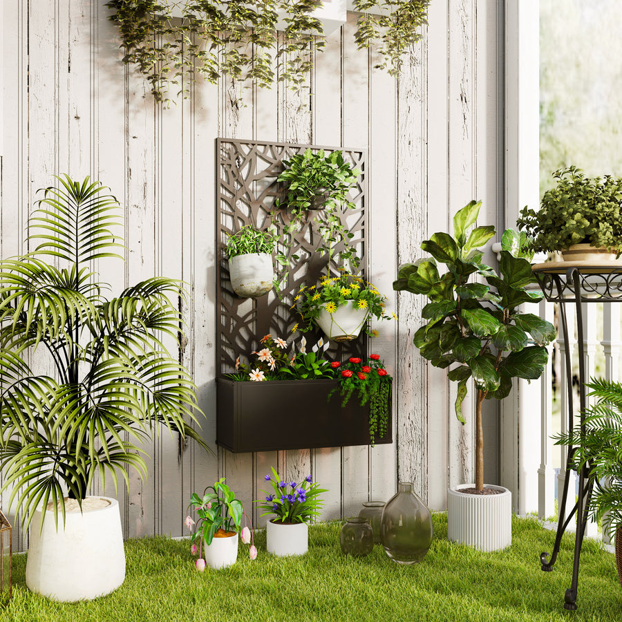 Outdoor Metal Planter, with Back Trellis - Black