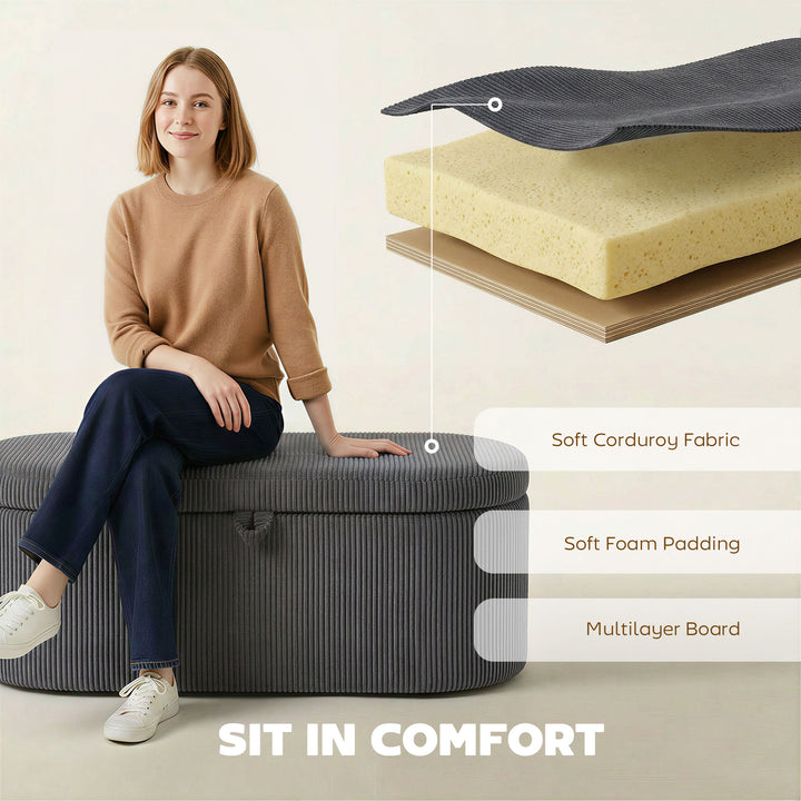 Storage Ottoman, Corduroy Upholstered Ottoman Storage Box with Padded 
