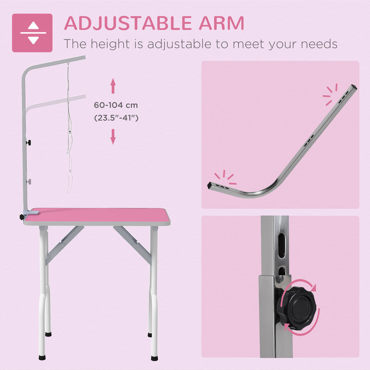 32" Foldable Dog Grooming Table Pet Drying Beauty Table Adjustable Fixed Arm Rubber Top, Pink