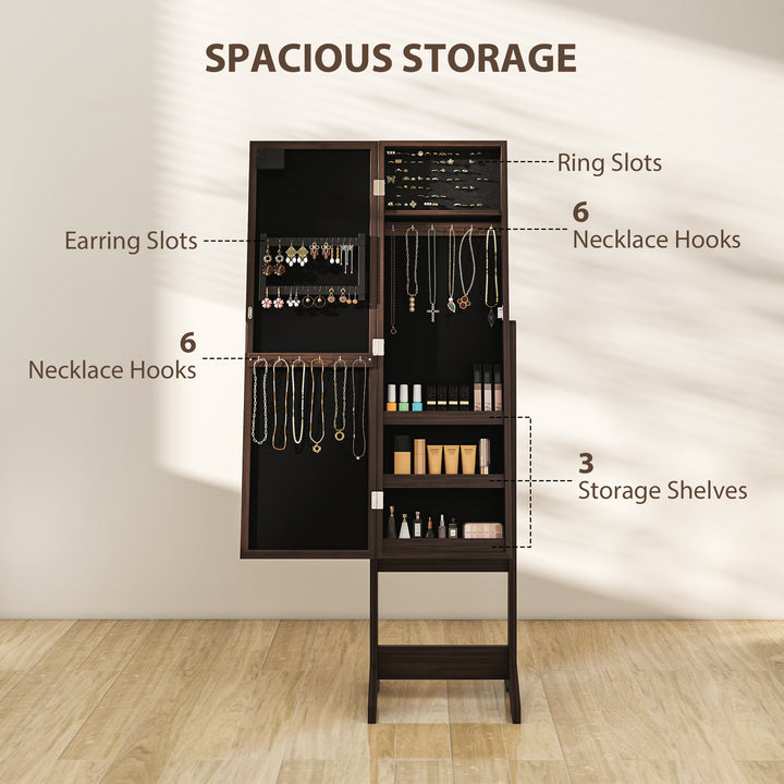 Freestanding Mirror Jewelry Cabinet with LED Lights, Jewellery Organiser with 3 Angle Adjustable, Full-Length Mirror with Storage for Earrings, Necklaces, Rings and Lipsticks, Dark Brown