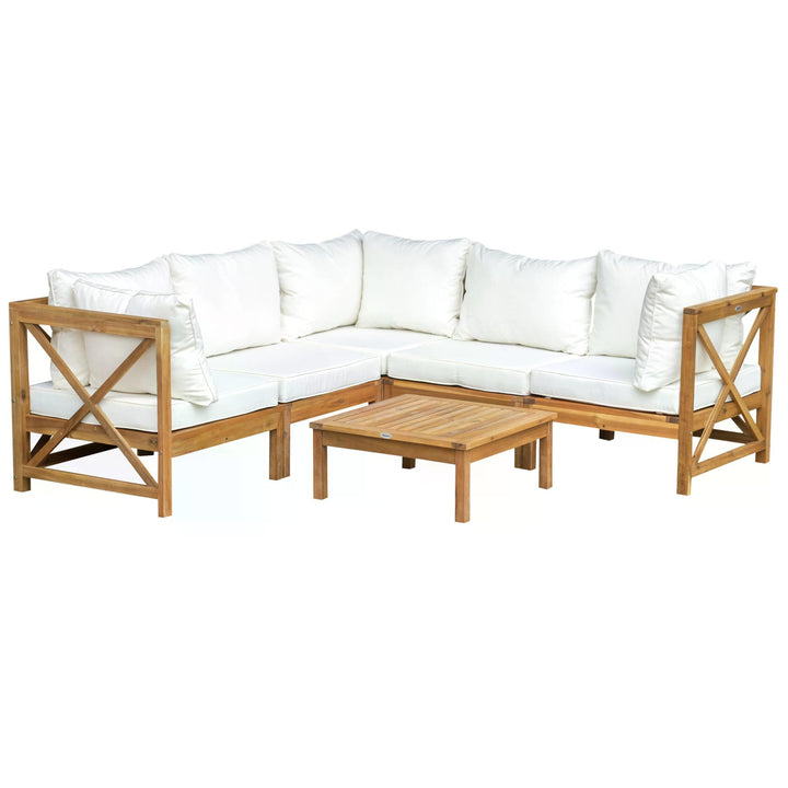 Outsunny 6pcs Patio Furniture Set Garden Sofa Set 1 Coffee Table Suitable with Cushions for Balcony Poolside Acacia Wood Cream White | Aosom UK