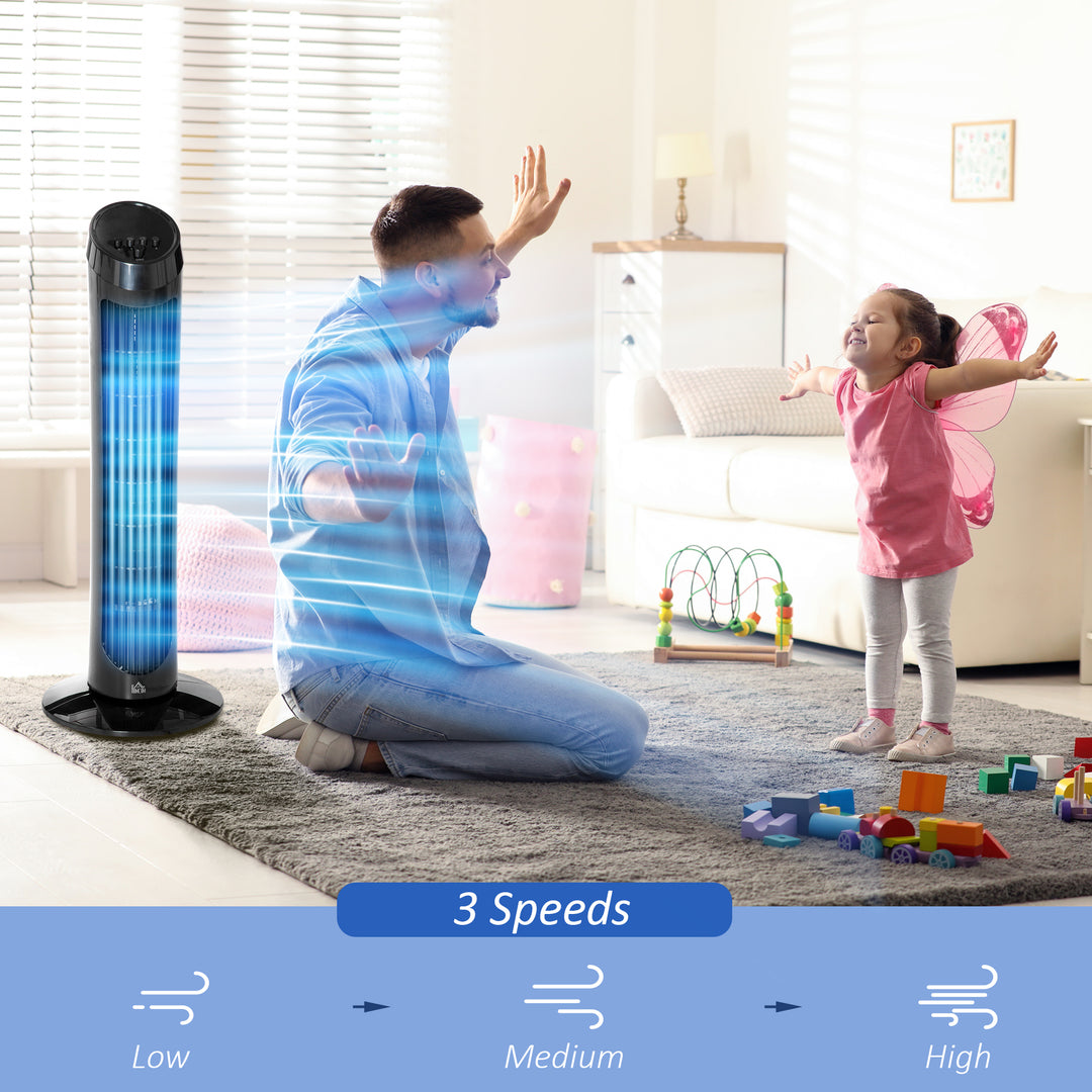 HOMCOM Ultra-Slim Tower Fan: 3 Speeds, Noise Reduction Tech for Indoor Cooling, Sleek Black | Aosom UK