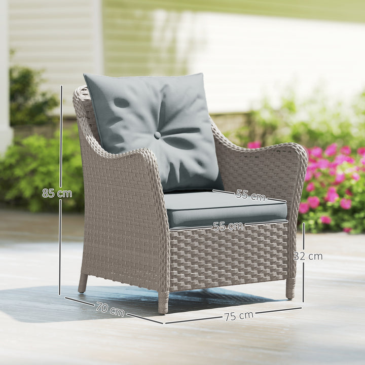 Rattan Garden Chairs Set of 2, Outdoor Rattan Chairs with Cushions, Armrests and High Back, PE Wicker Garden Armchair with Steel Frame for Balcony, Porch, Light Grey