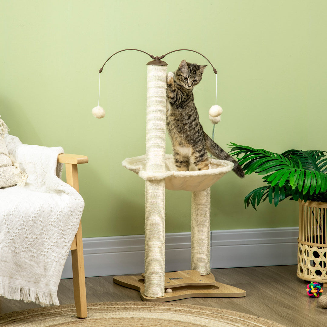 PawHut Cat Tree Indoor Kitten Play Tower, Sisal Scratching Posts with Hammock & Ball Toy, 53.5x53.5x90 cm, Beige | Aosom UK