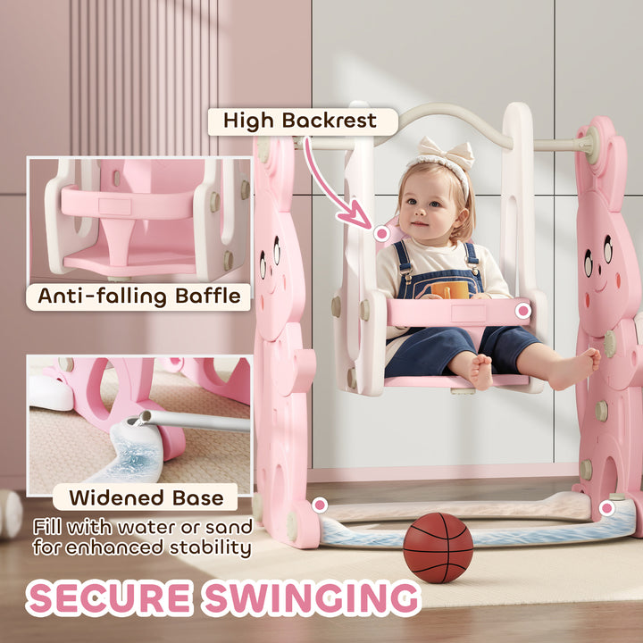 AIYAPLAY 4 in 1 Kids Slide and Swing Set with Climber, Basketball Hoop, Rabbit-Themed, Pink