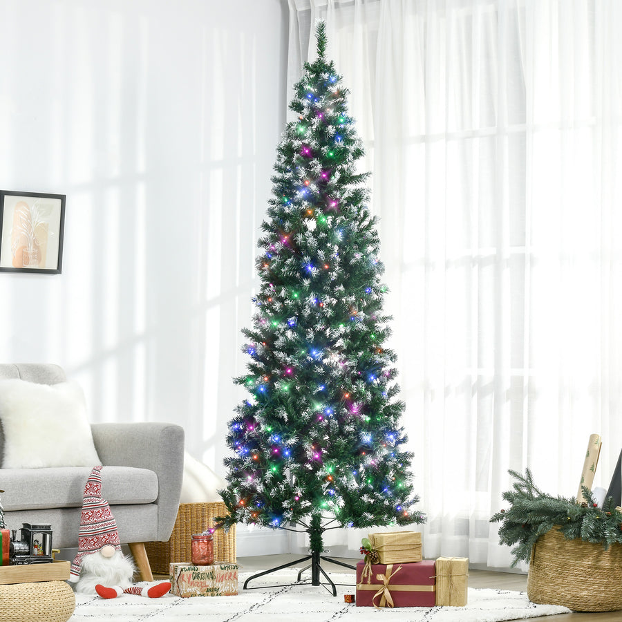 7FT Tall Prelit Pencil Slim Artificial Christmas Tree with Realistic Branches, 350 Colourful LED Lights and 818 Tips, Xmas Decoration, Green