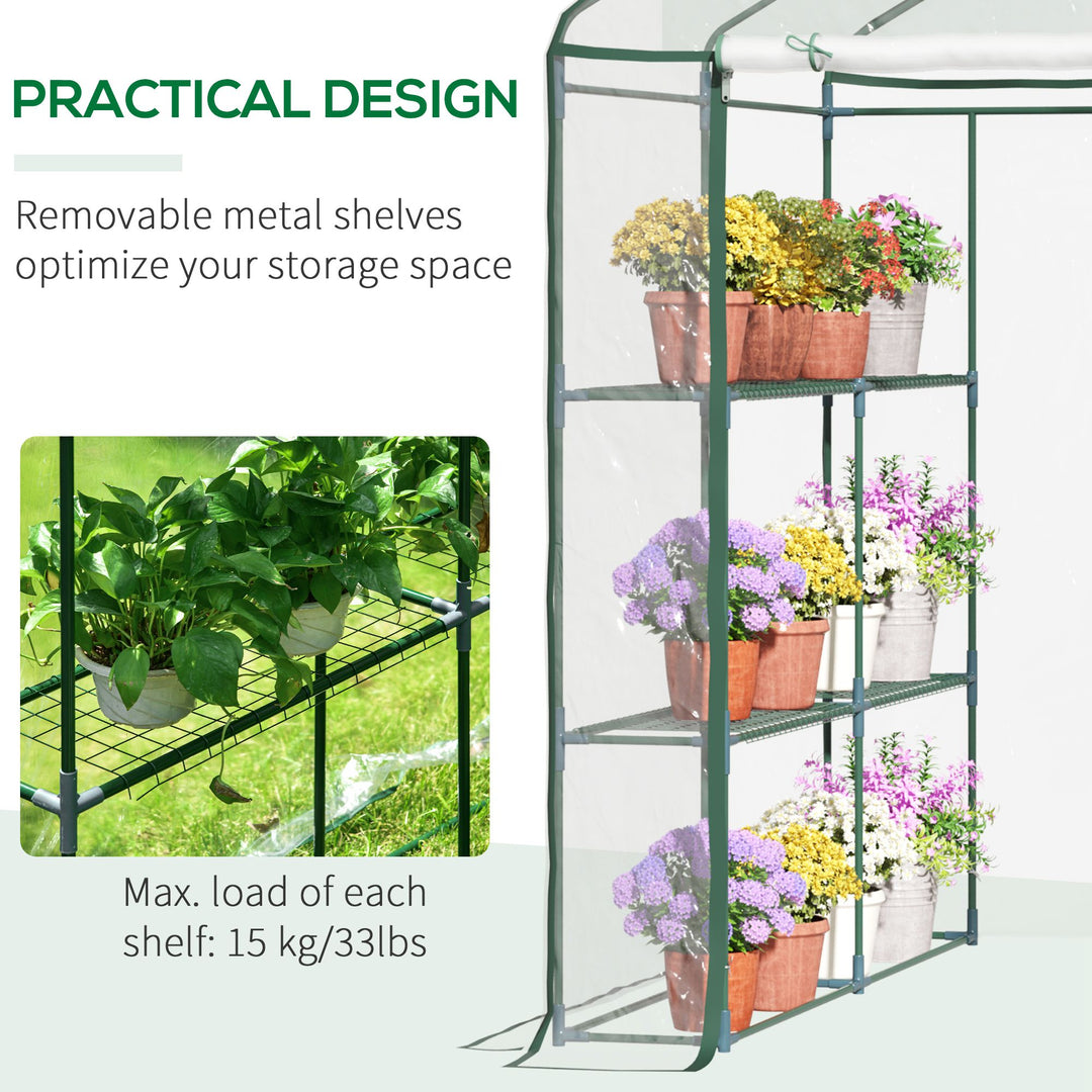 Walk in Greenhouse with 3-Tier 8 Shelves, Green House with Hemmed Cover, Roll-up Zipped Door, Steel Frame, 143 x 143 x 195cm