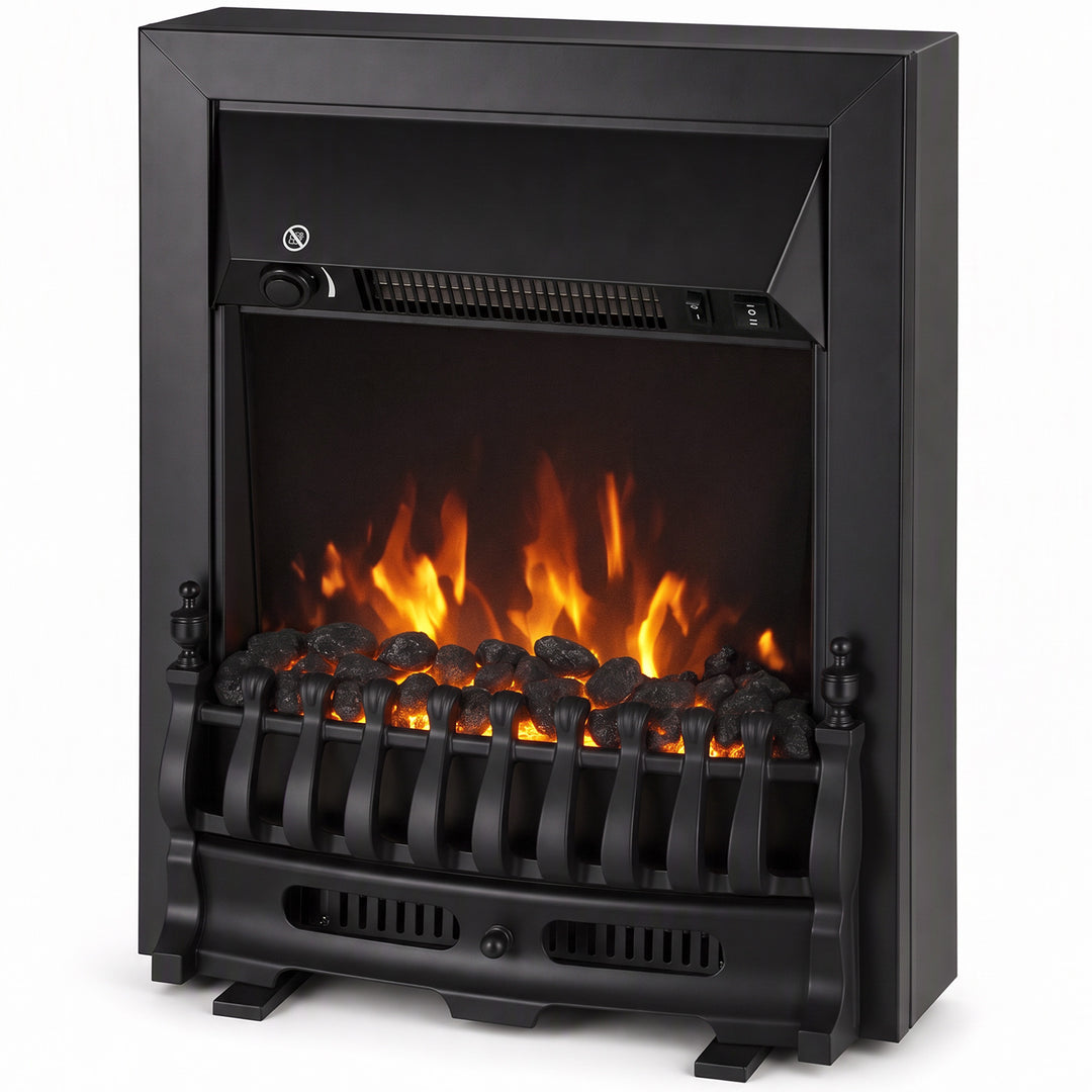 HOMCOM Electric Fireplace LED Light Complete Fire Place Heating Indoor Heater Coal Burning Flame Effect Heat 2000W Max - Black