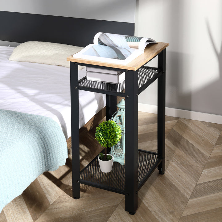 Tall Side Table Set of 2 with 3 Layer, 2 Shelves Storage Display Industrial-Style, Metal Frame, Bedside End Table for Living Room Bedroom, Oak and Black