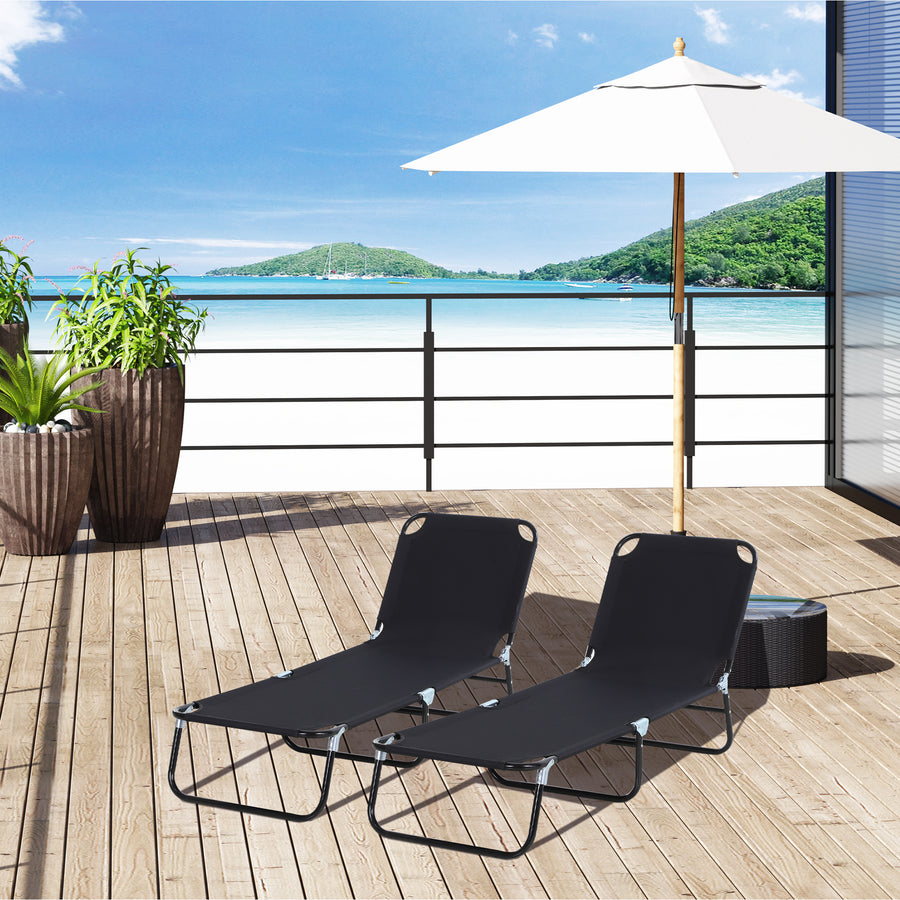 2 Piece Foldable Sun Loungers with 5-Position Adjustable Backrest, Outdoor Portable Recliner Chaise Lounge Chairs with Breathable Mesh Fabric, Black
