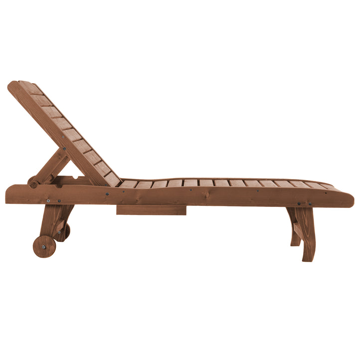 Outdoor Wooden Lounger Chair, Sun Bed with Built-In Table, Adjustable Backrest and Wheels, Red Brown