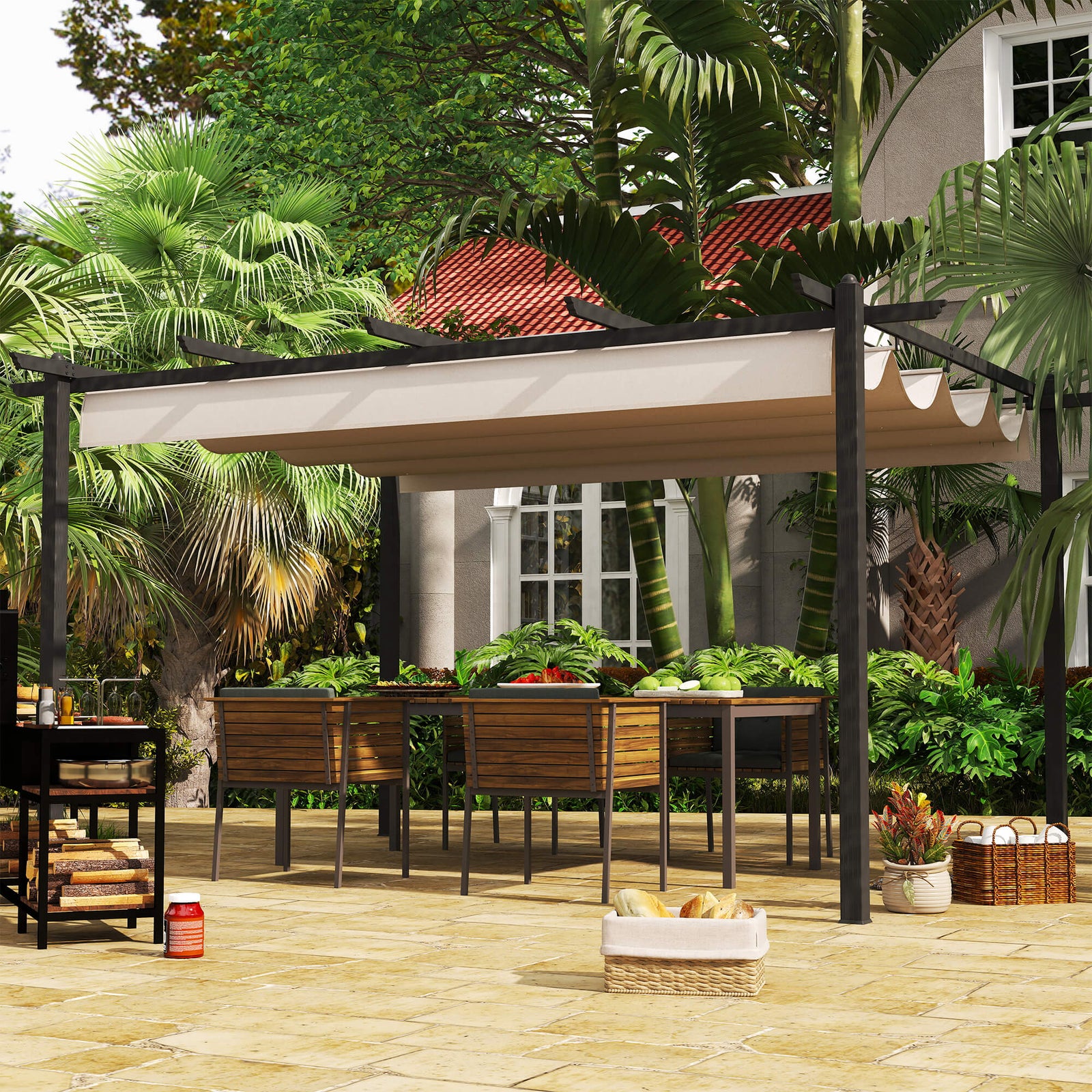 4 x 3(m) Aluminium Pergola with Retractable Roof, Garden Gazebo Canopy Shelter for Outdoor, Patio, Cream White
