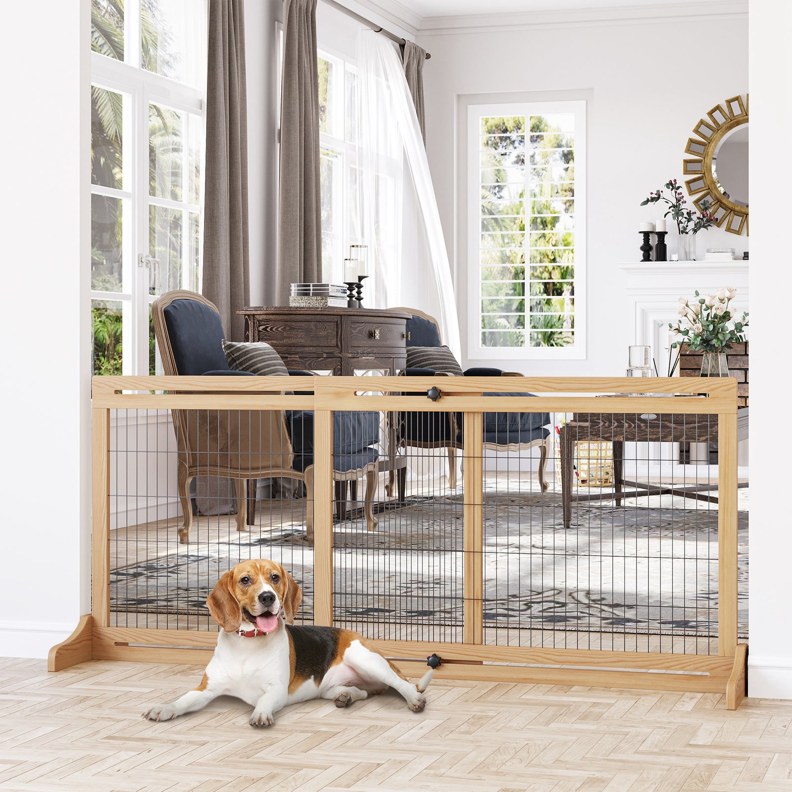 Freestanding Dog Gate, Foldable Pet Fence, Indoor Wood Barrier, Stair Gate with Support Feet, for Doorway, Hallway, Small and Medium Dogs, 69H x 104-183 cm, Natural Wood Finish