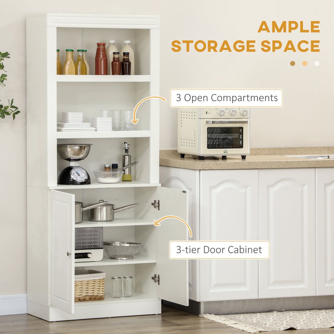 MCL Kitchen Cupboard with 6-tier Shelving, Freestanding Storage Cabinet, Pantry Cupboard with 3 Open Compartments and Double-door Cabinet with Adjustable Shelves, White