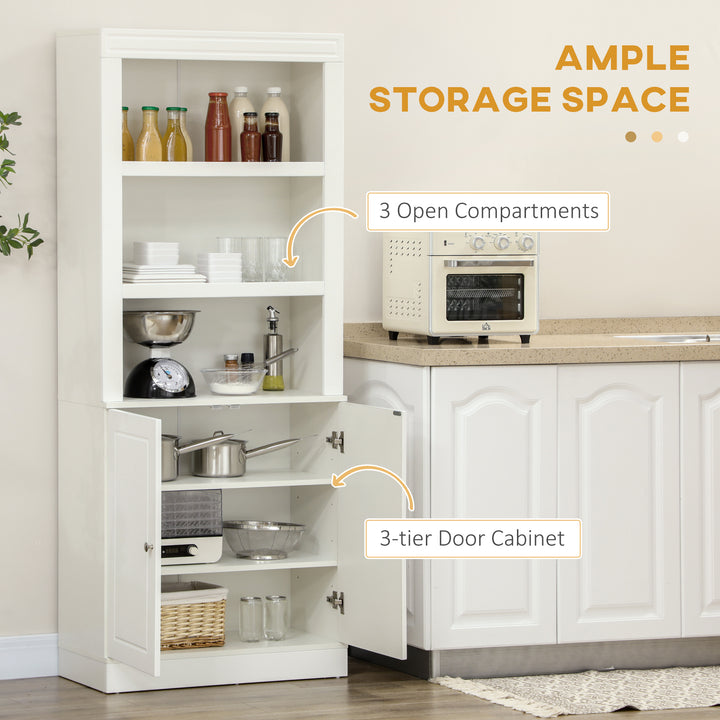 MCL Kitchen Cupboard with 6-tier Shelving, Freestanding Storage Cabinet, Pantry Cupboard with 3 Open Compartments and Double-door Cabinet with Adjustable Shelves, White