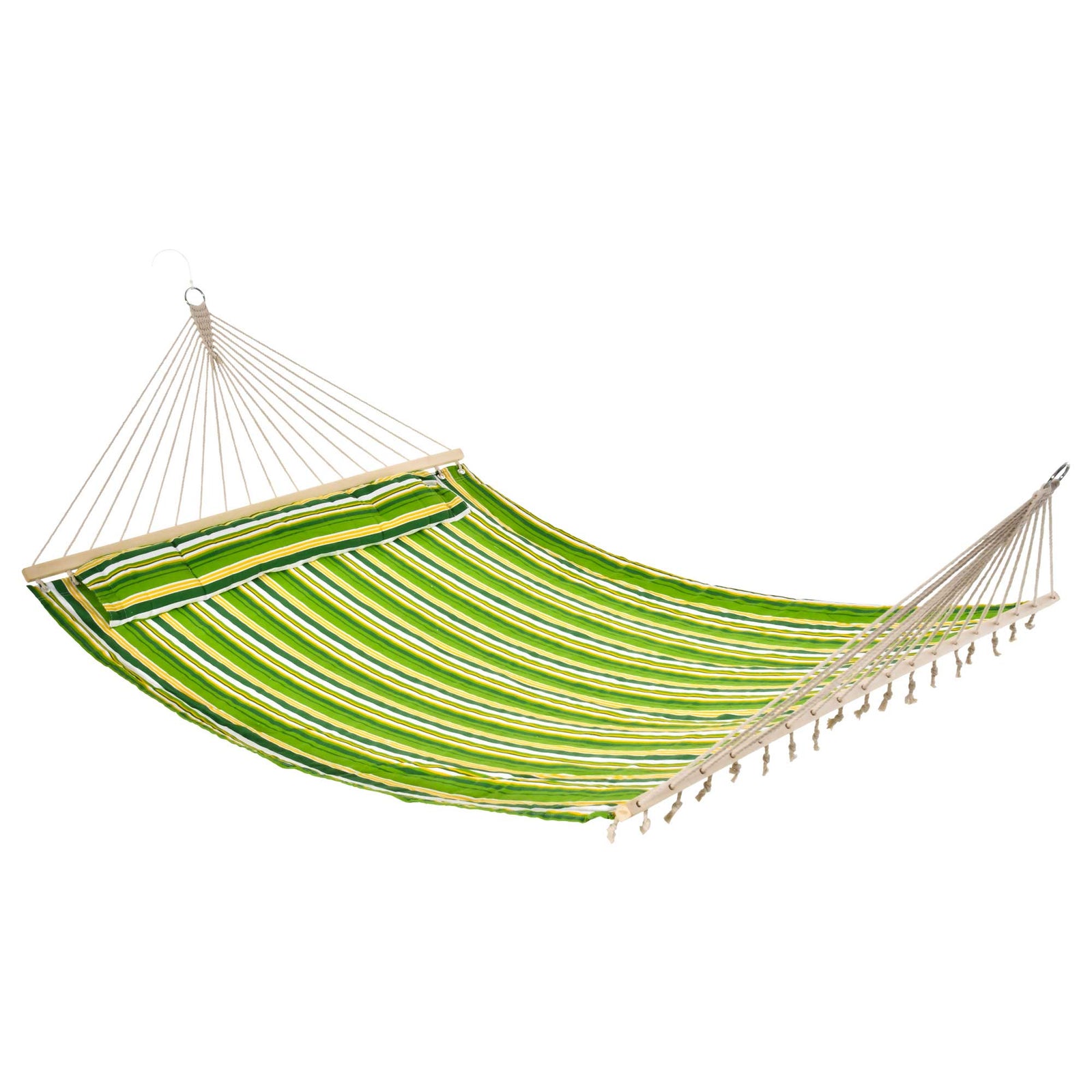 Double Cotton Hammock Camping Swing Outdoor Garden Beach Stripe Hanging Bed with Pillow, 188 x 140 cm, 180 KG Capacity, Green