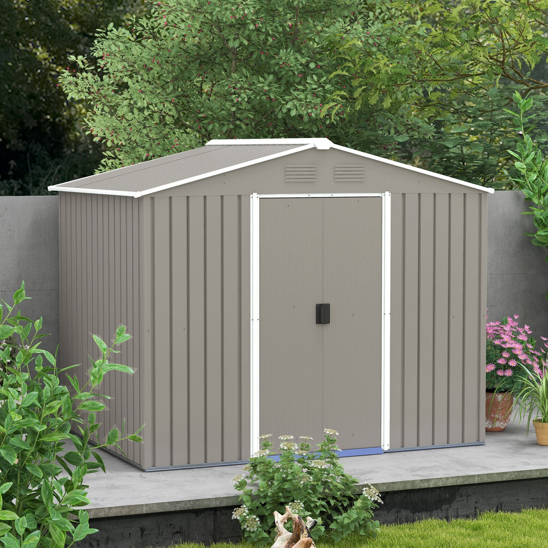 7.7 x 5.7ft Outdoor Garden Storage Shed, Metal Tool House with Ventilation and Sliding Doors, Light Grey