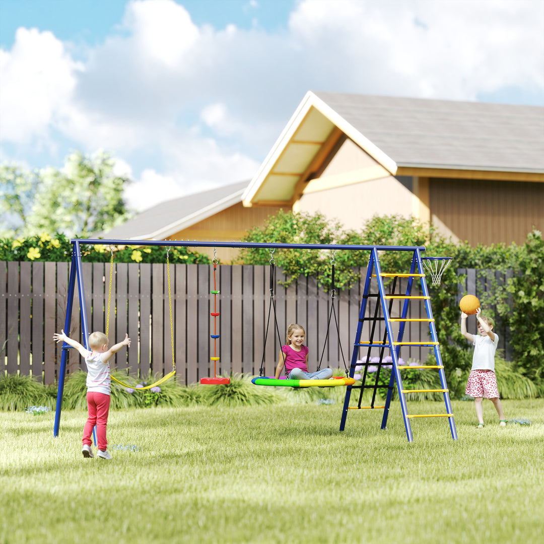 6 in 1 Metal Kids Swing Set with 3 Swings, Climbing Ladder &amp; Net, Bask