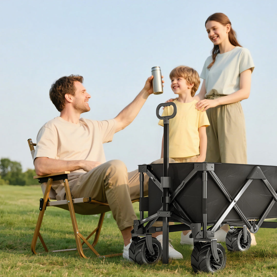 Outdoor Folding Garden Trolley on Wheels, Capming Cargo Wagon Cart Trailer w/ Handle, Wheels for Beach Garden, Black