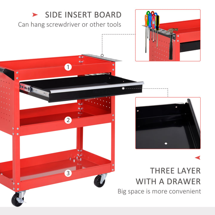 DURHAND 3-Tier Tool Trolley Cart Storage Shelf Roller Cabinet DIY Box Garage Workshop with Drawer Red | Aosom UK