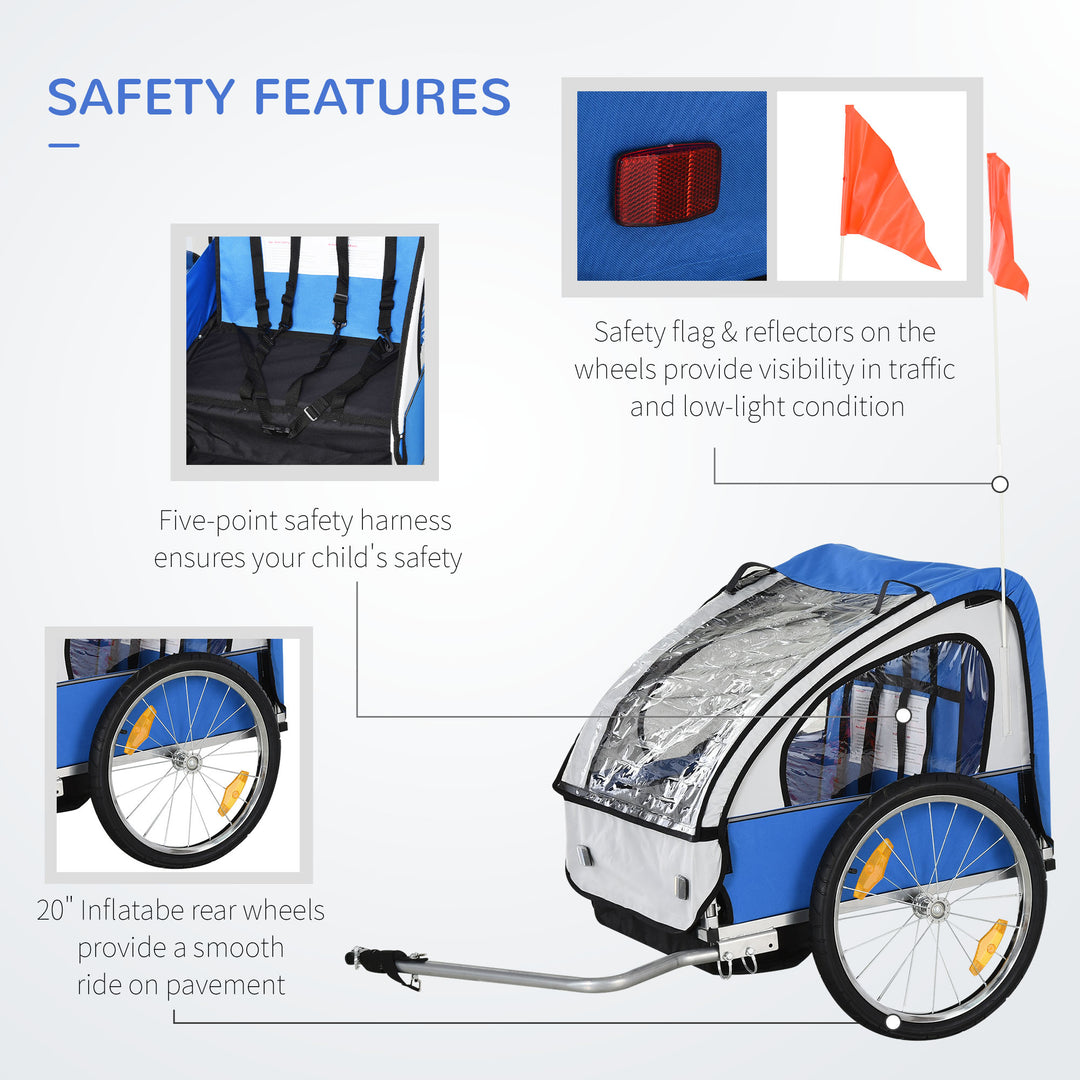 2 Seat Bike Trailer Bicycle wagon for Kids Child Steel Frame Safety Harness Seat Carrier Hitch Coupler Blue White 130 x 76 x 88 cm