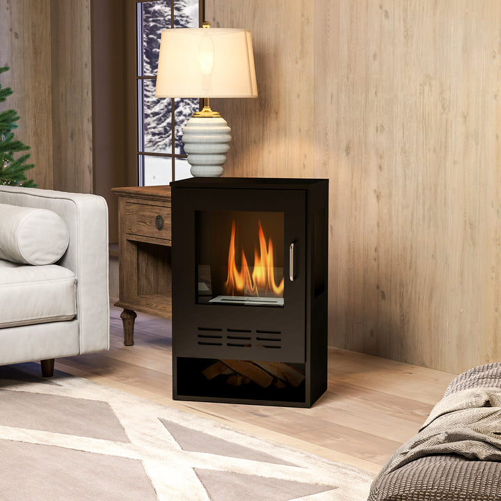Ethanol Fireplace Stove with Shelf, Freestanding Bioethanol Fire, Indoor Ethanol Burner with 0.9 Litres Volume, Burns for Up to 3.3 Hours, 27 Inch, Black