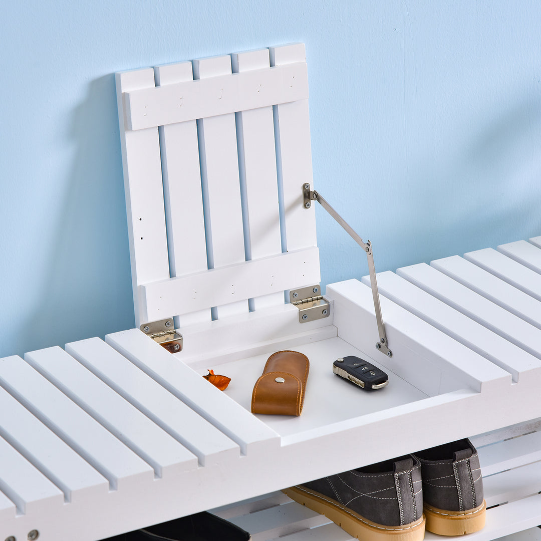 Shoe Bench, 3-Tier Wooden Shoe Rack with Hidden Storage Compartment, Slatted Shelves, Home Storage Unit, Hallway Furniture, White, 90L x 29W x45H cm
