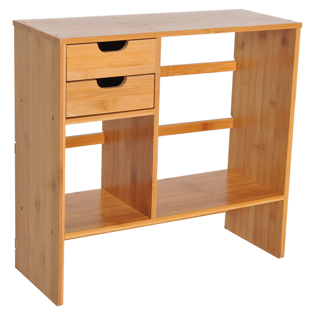 HOMCOM Desk Organiser, Bamboo Desktop Bookshelf with 2 Drawers and Stationery Storage, Reversible Use | Aosom UK