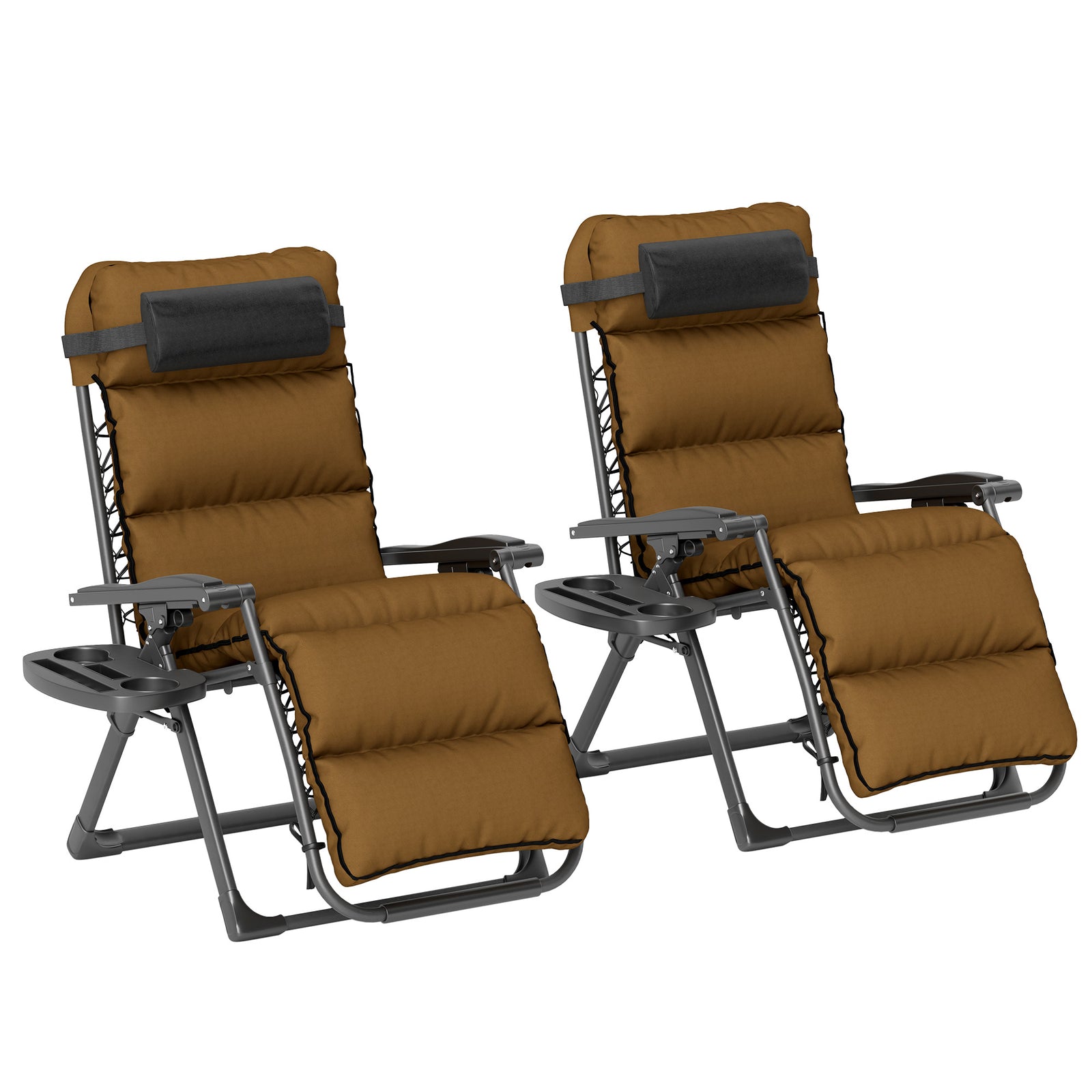 Set of Two Reclining Sun Loungers, with Cushion - Brown