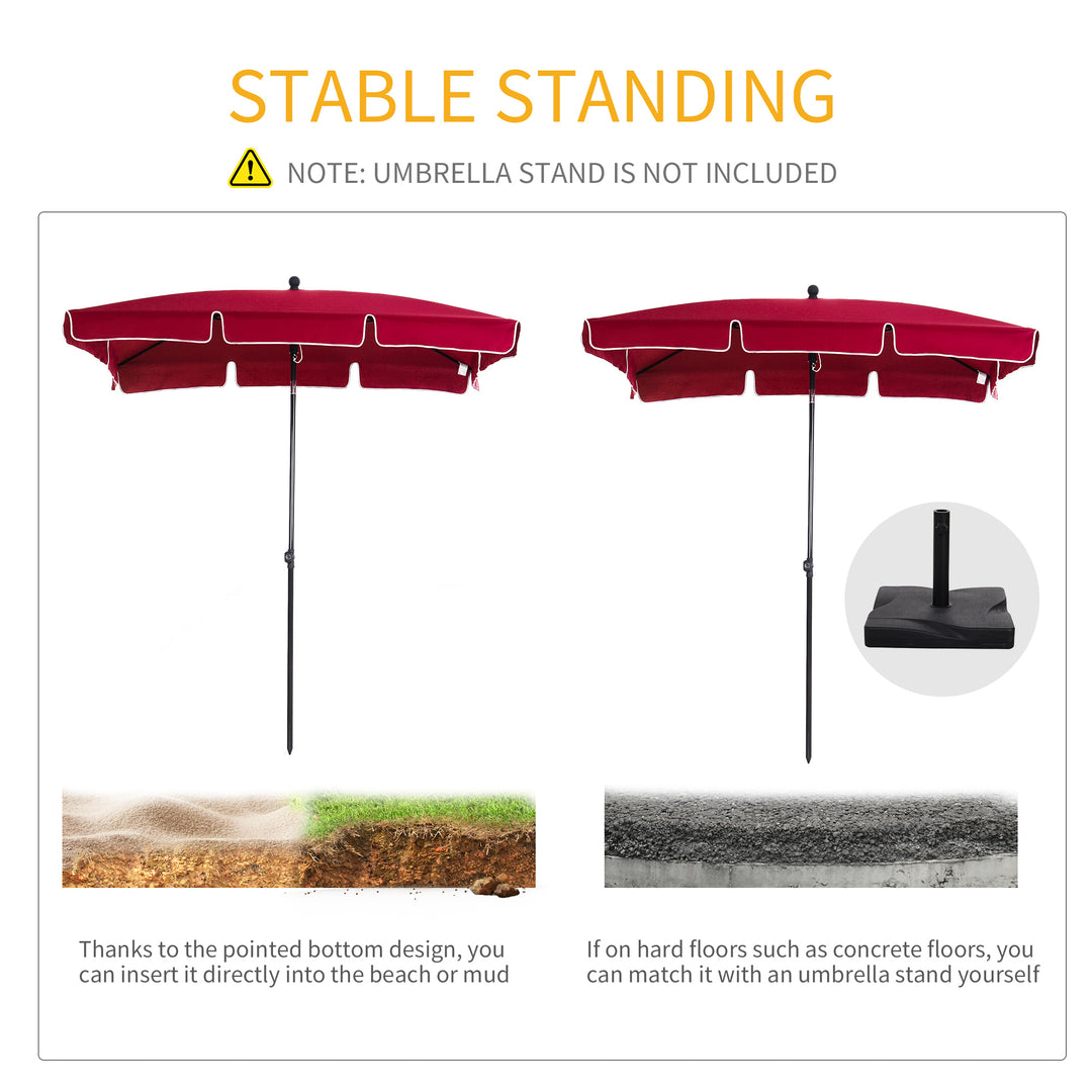 MCL Garden Parasol Umbrella, Outdoor Market Table Umbrella with Ruffles & Aluminium Pole, Rectangular Tilting Parasol Sun Shade Canopy, 2 x 1.3m, Red
