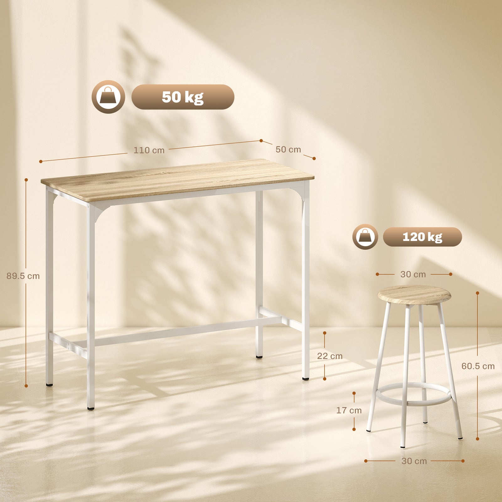 5 Piece Bar Table Set for 4 with Stools, Metal Frame, Footrest for Kit