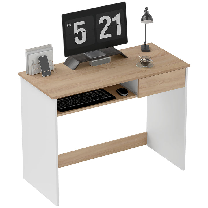 100cm Compact Computer Desk with Keyboard Tray, Home Office Desk with Drawer for Bedroom Study, Oak