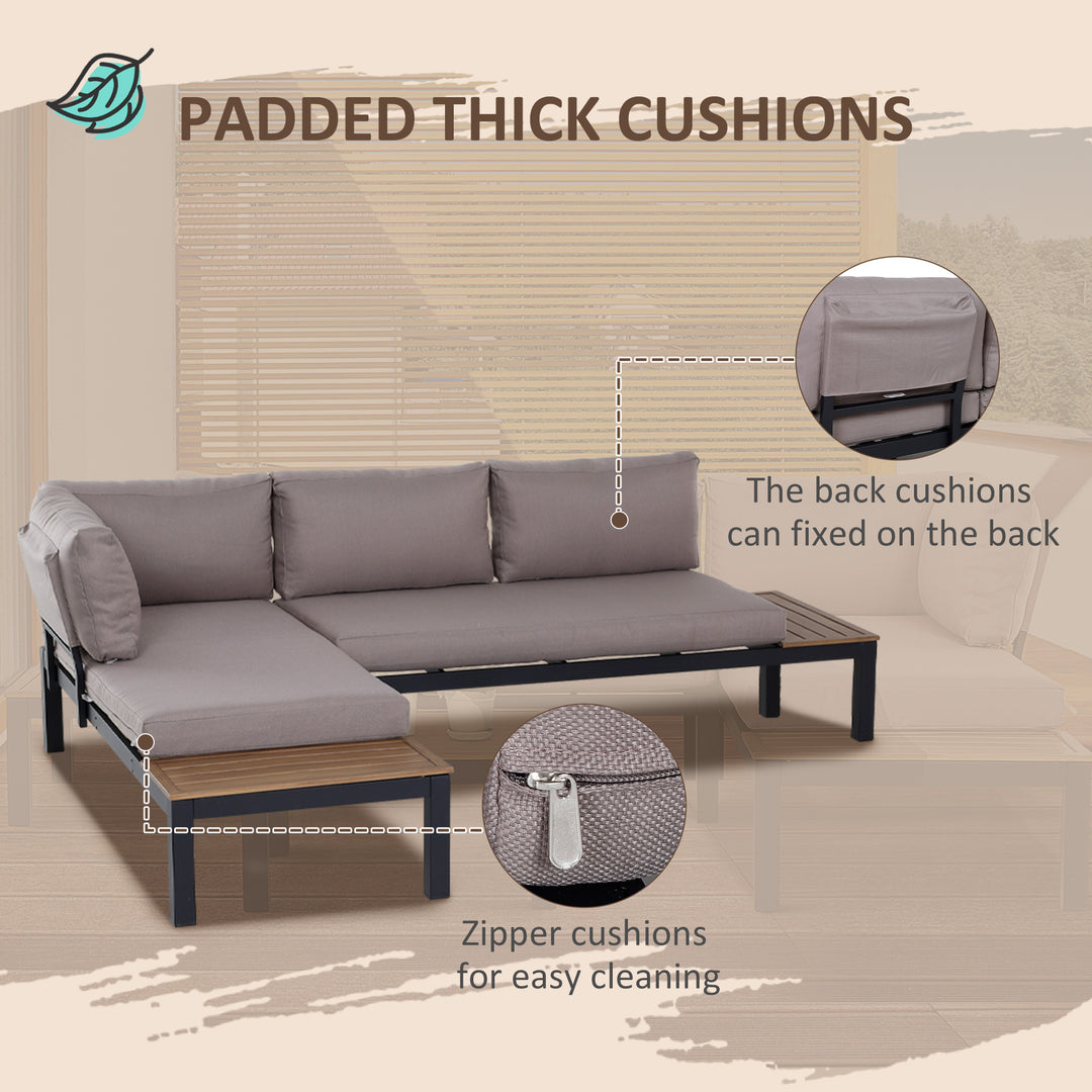 3 Pieces Garden Furniture Set, Aluminium 4 Seater Corner Sofa Set with 2 Loveseats, Coffee Table and Side Trays, Outdoor Conversation Furniture with Cushions for Garden, Black