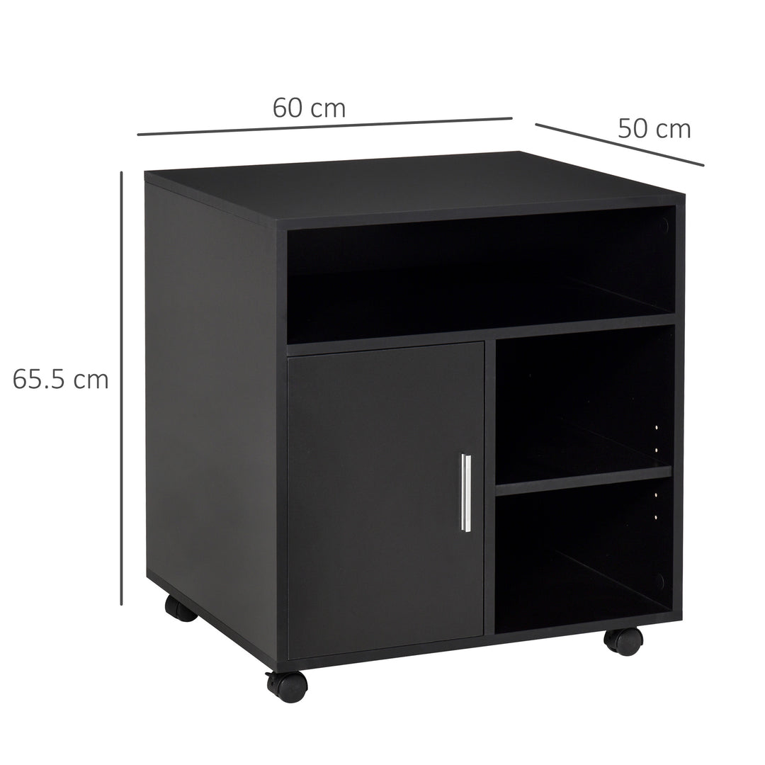 HOMCOM Mobile Printer Stand with Multiple Storage, Office Desk Side Unit on Wheels, Modern Design, 60L x 50W x 65.5H cm, Black | Aosom UK