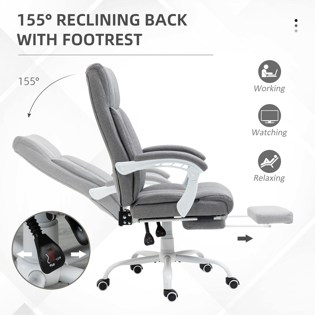 Office Chair, Ergonomic Desk Chair, Fabric Work Study Chair with 155° Reclining Back and Footrest, Adjustable Height and Swivel Wheels, Grey