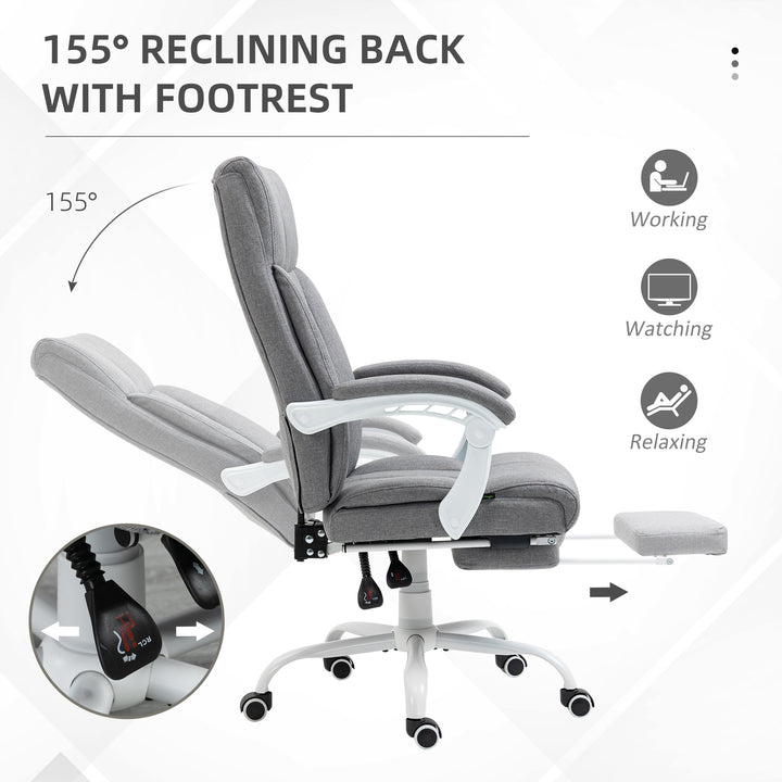 Office Chair, Ergonomic Desk Chair, Fabric Work Study Chair with 155° Reclining Back and Footrest, Adjustable Height and Swivel Wheels, Grey