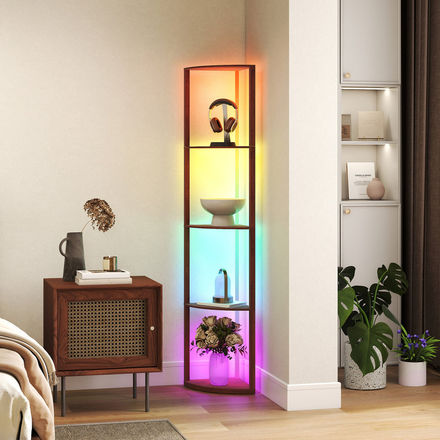 RGB LED Floor Lamp with Shelves, 5-Tier Dimmable Standing Lamp with Adjustable Brightness and Remote Control, Modern Corner Display Shelf Unit for Living Room Bedroom Office, Brown
