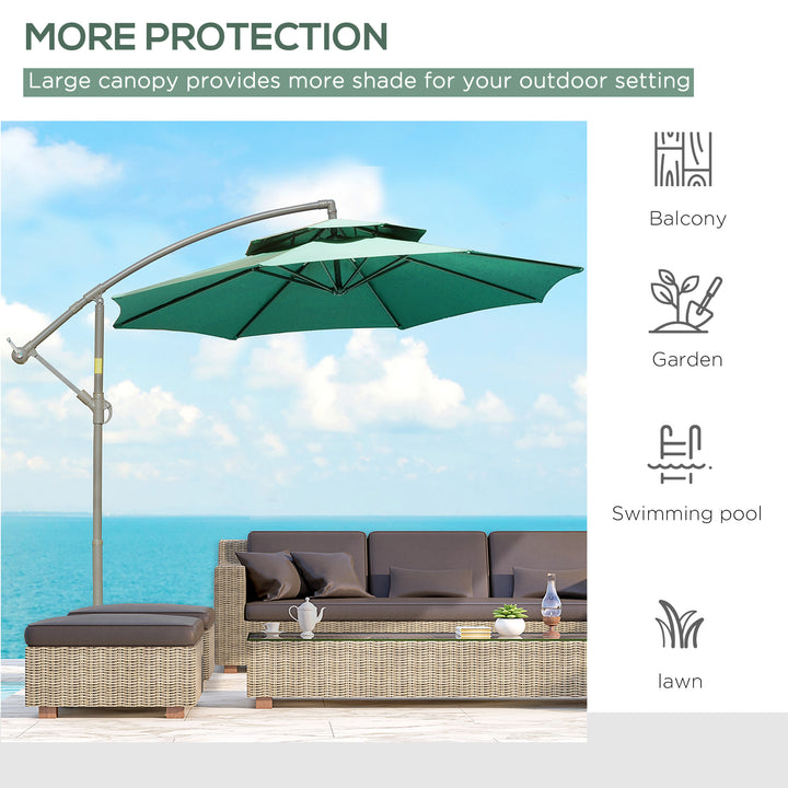 2.7m Banana Parasol Cantilever Umbrella with Crank Handle, Double Tier Canopy and Cross Base for Outdoor, Hanging Sun Shade, Green