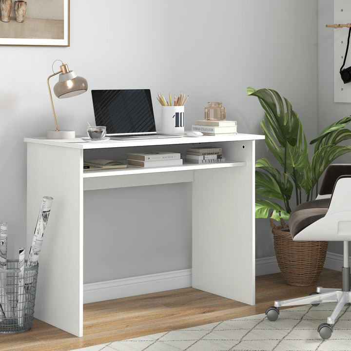 MCL Modern Computer Desk, Home Office Table, Small Writing Desk with Storage Shelf, 90 x 50cm, White Wood Grain