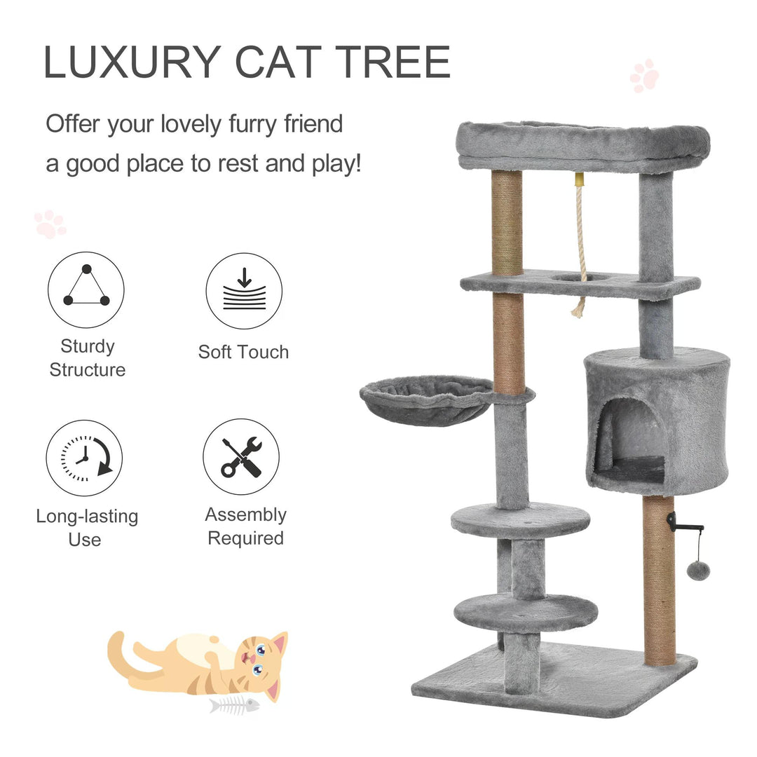 PawHut Cat Tree with Jute Scratching Posts, 120cm, Perch, Hammock, Hanging Ball, Teasing Rope, Condo, Light Grey | Aosom UK